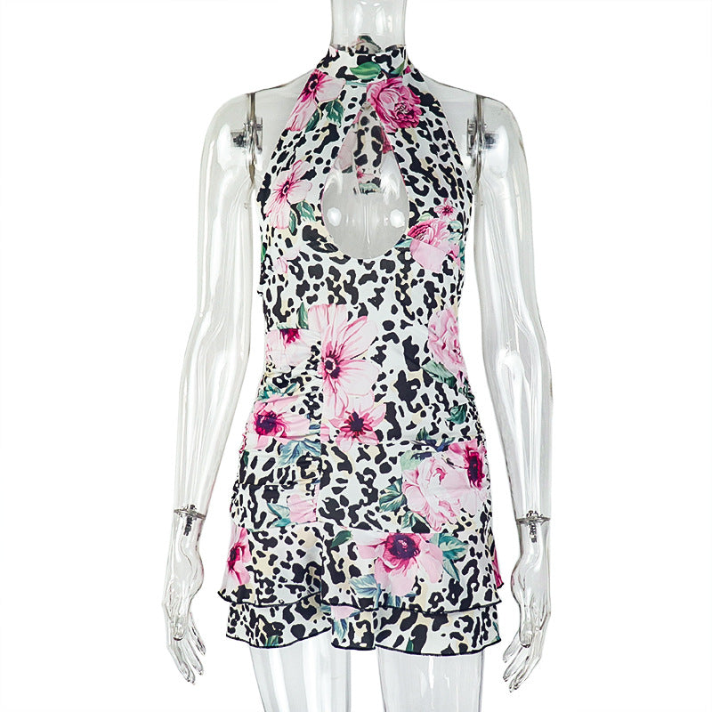 Backless Halter A line Hollow Out Cutout Pleated Slim Sheath Short Dress Printed Sexy Women Clothing