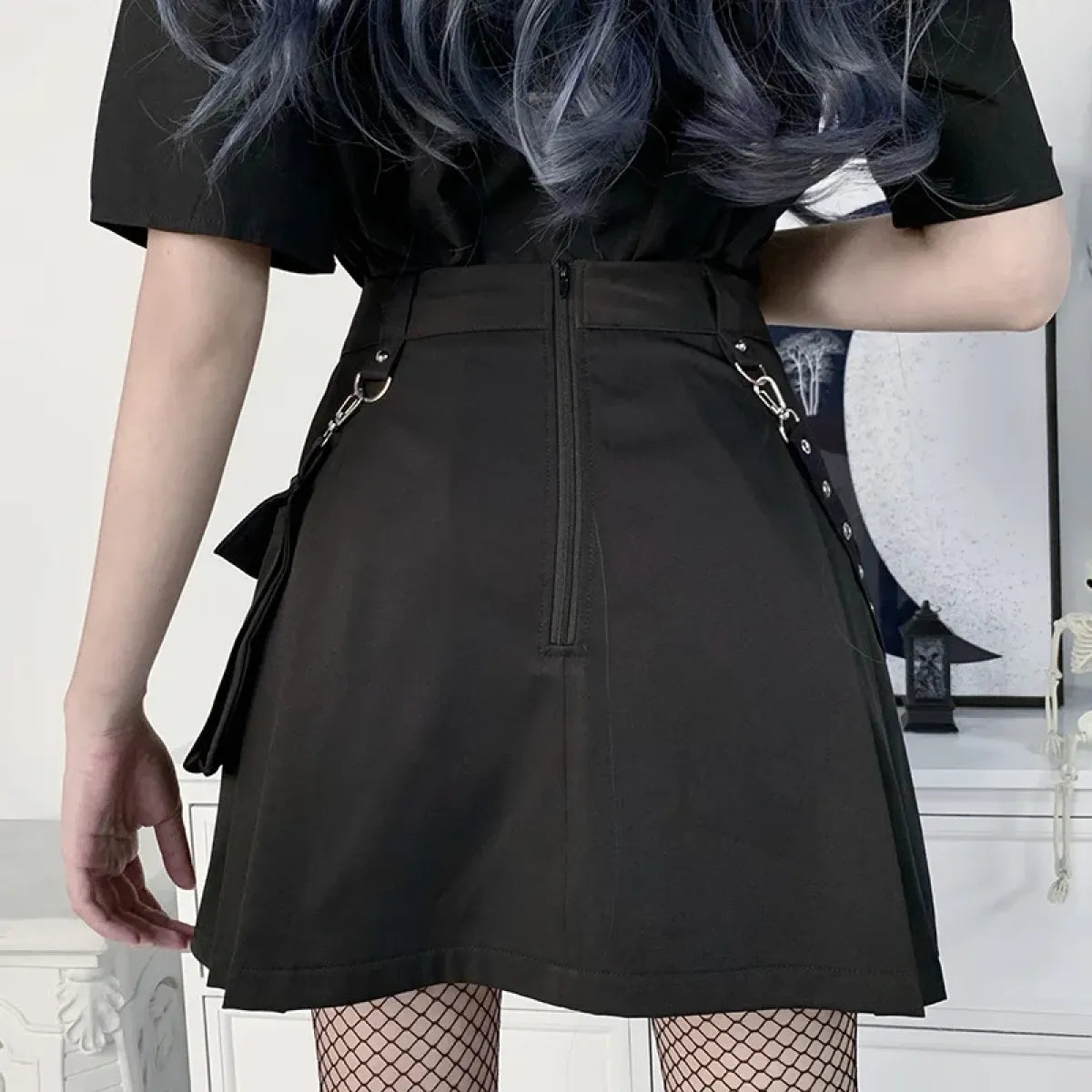 Gothic Punk High Waist Mini Skirt – Chain Straps & Utility Pockets