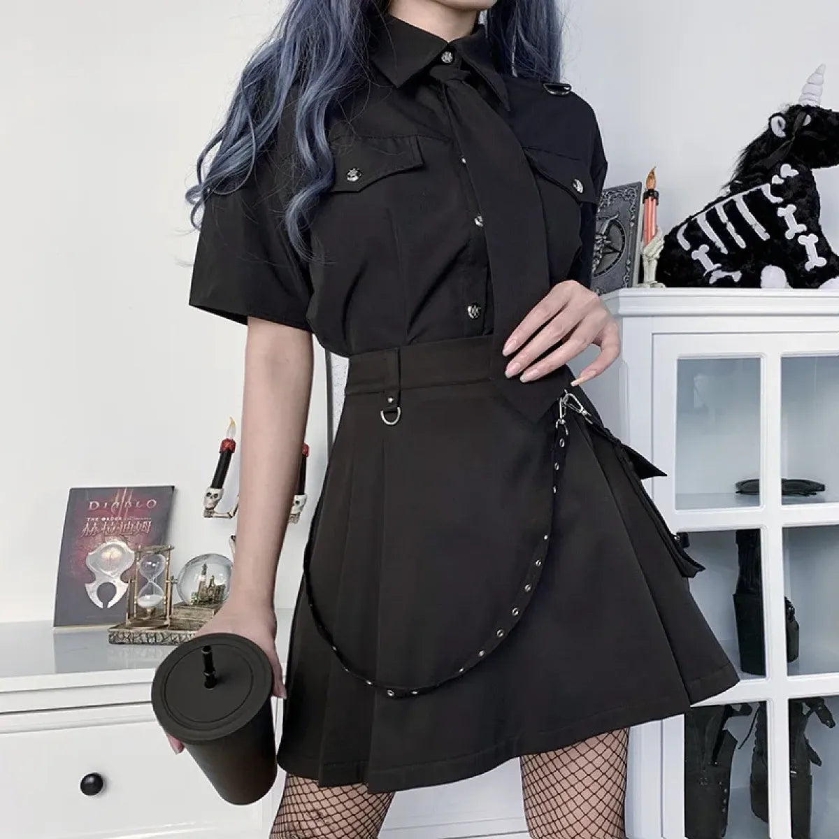 Gothic Punk High Waist Mini Skirt – Chain Straps & Utility Pockets