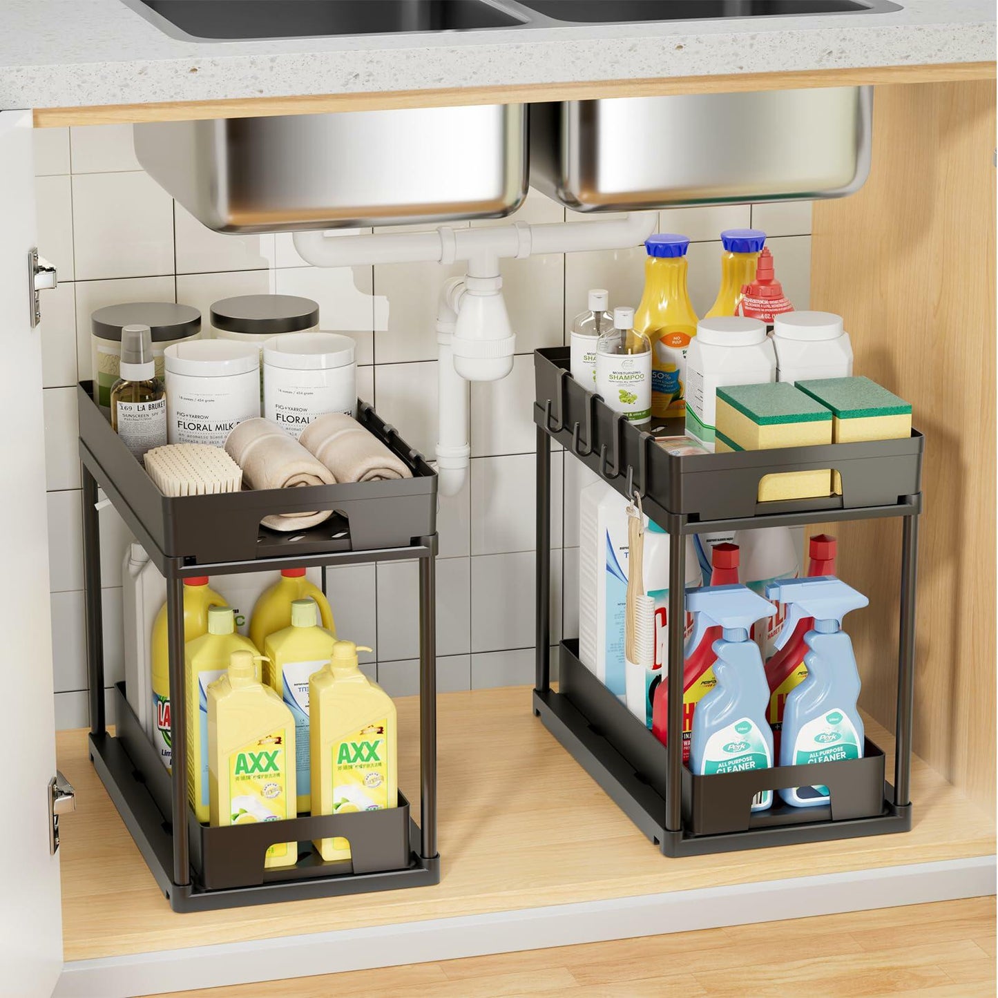 TidyLamu 2 Pack Double Sliding Under Sink Organizers 2 Tier Black