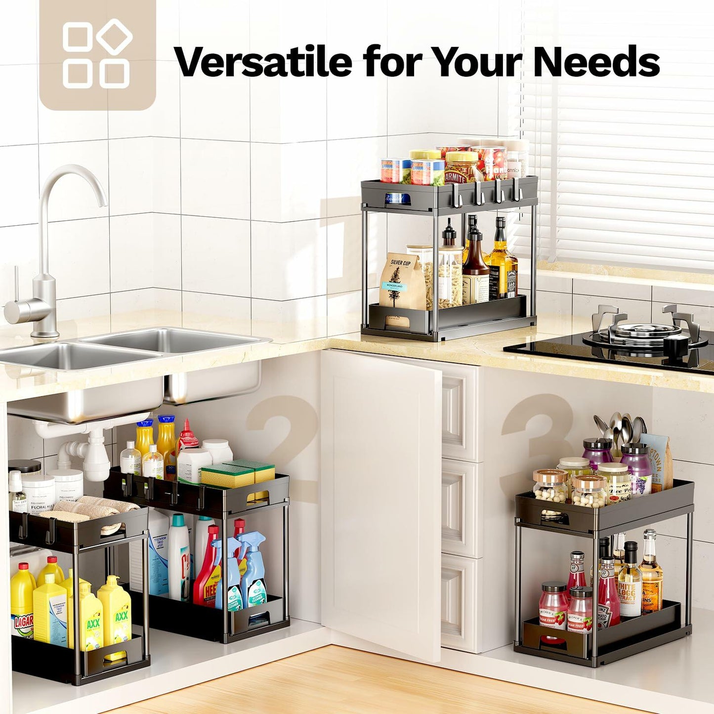 TidyLamu 2 Pack Double Sliding Under Sink Organizers 2 Tier Black